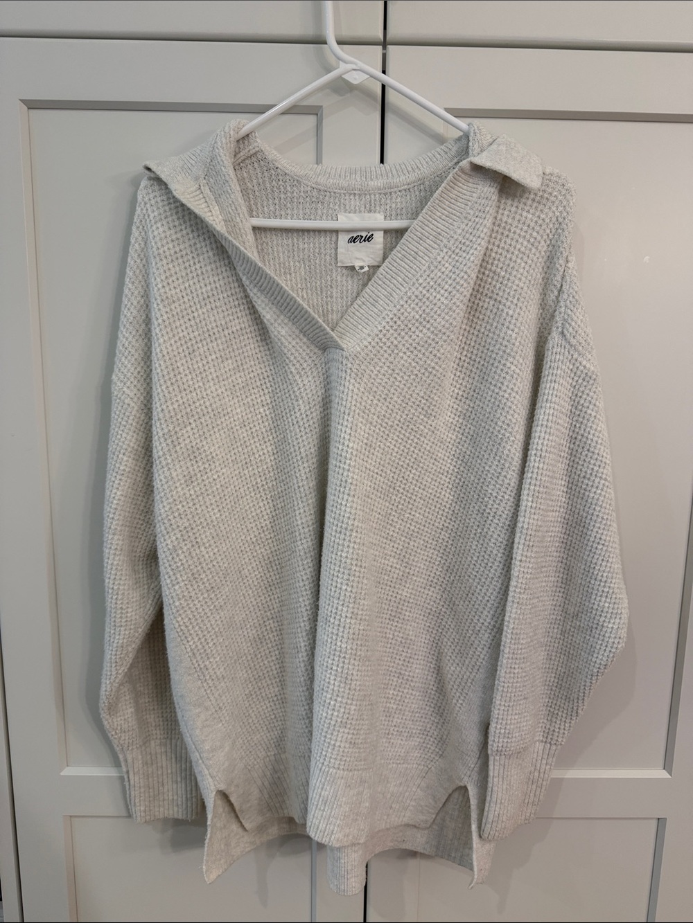 aerie Light Cream Waffle-Knit V-Neck Sweater with collar